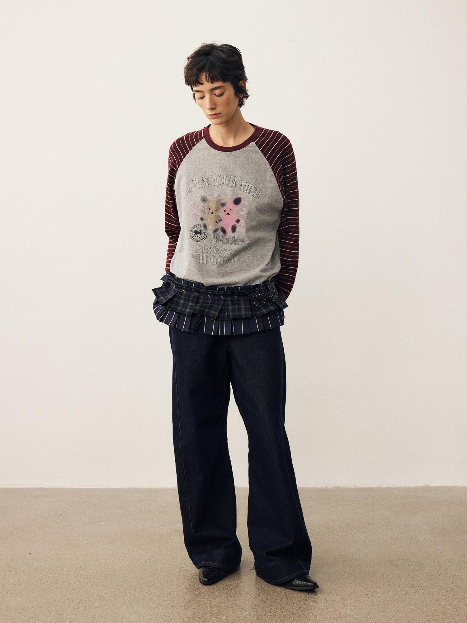 DIDDI MODA Striped Bear Print Round Neck Women&