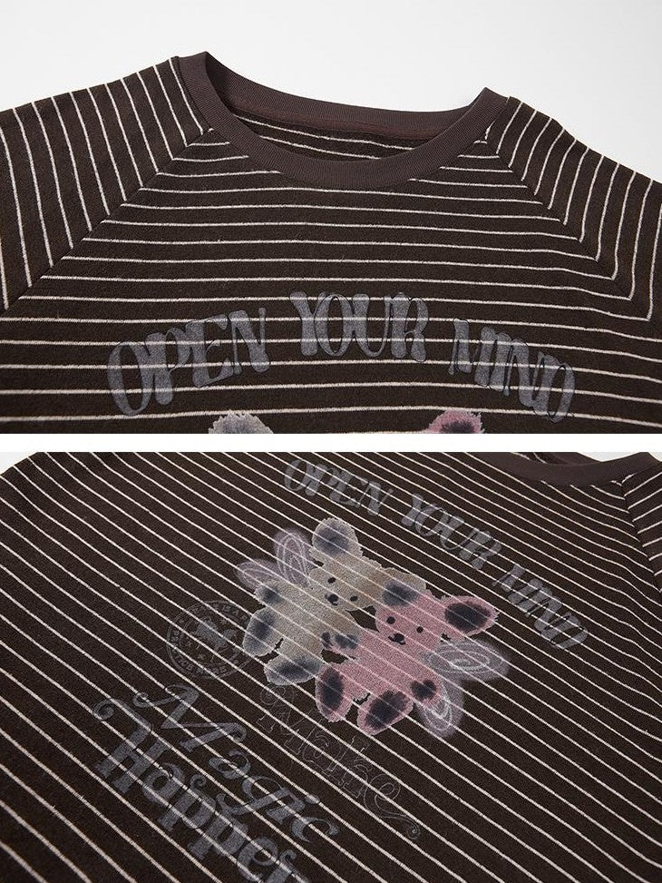 DIDDI MODA Striped Bear Print Round Neck Women&