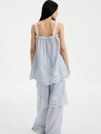DIDDI MODA Striped Cutout Embroidered Faux Layered Sling Women&