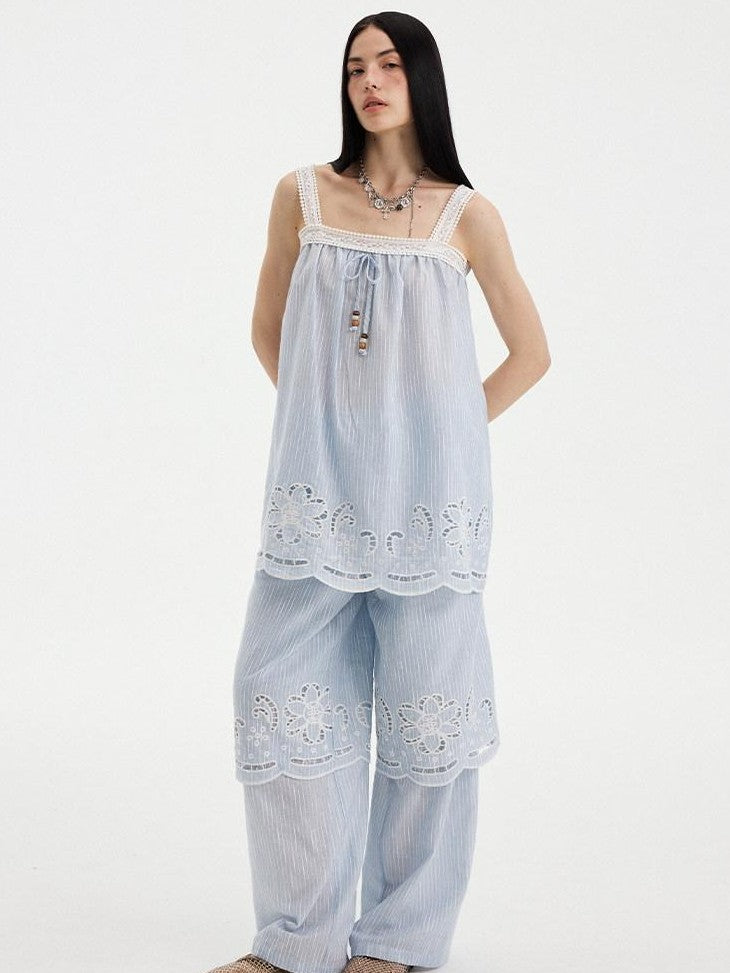 DIDDI MODA Striped Cutout Embroidered Faux Layered Sling Women&