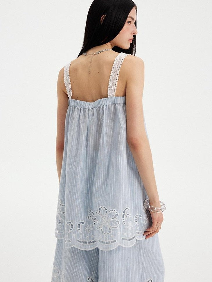 DIDDI MODA Striped Cutout Embroidered Faux Layered Sling Women&