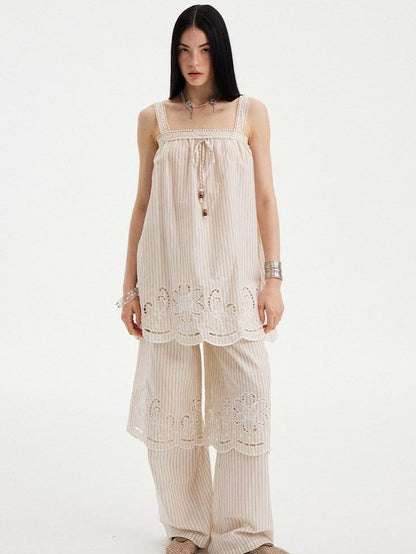 DIDDI MODA Striped Cutout Embroidered Faux Layered Sling Women&