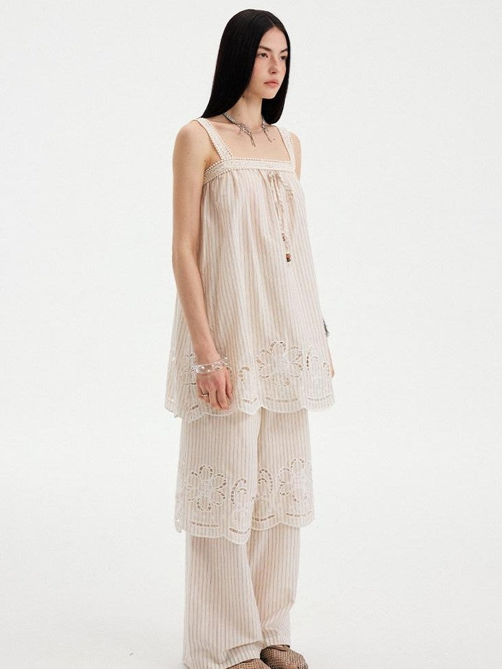 DIDDI MODA Striped Cutout Embroidered Faux Layered Sling Women&