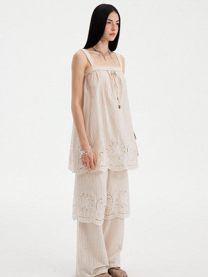 DIDDI MODA Striped Cutout Embroidered Faux Layered Sling Women&