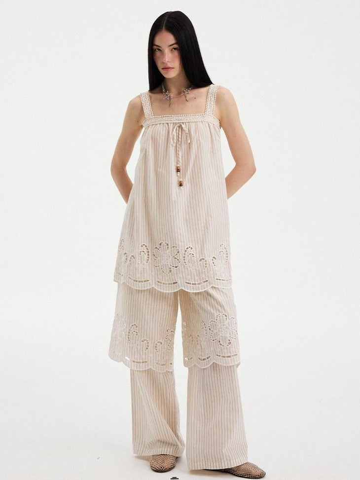 DIDDI MODA Striped Cutout Embroidered Faux Layered Sling Women&