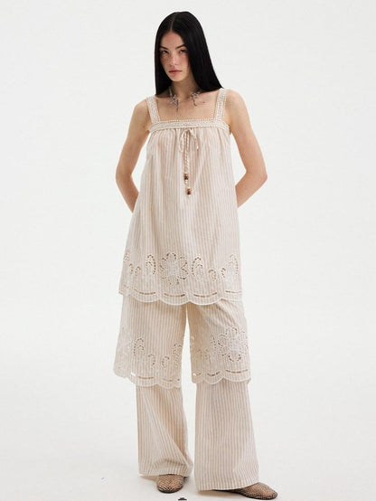 DIDDI MODA Striped Cutout Embroidered Faux Layered Sling Women&