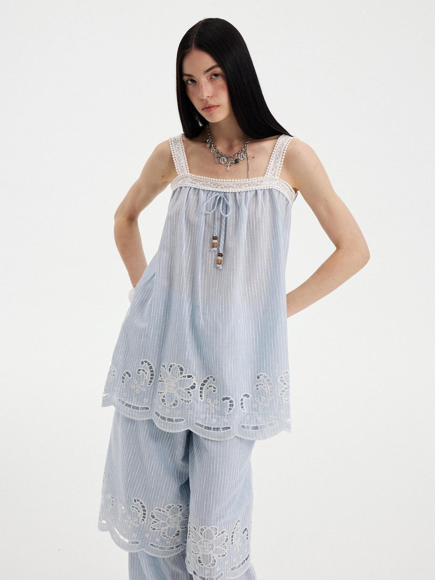 DIDDI MODA Striped Cutout Embroidered Faux Layered Sling Women&