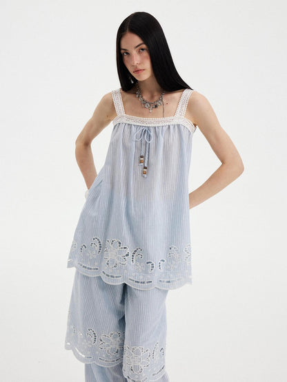 DIDDI MODA Striped Cutout Embroidered Faux Layered Sling Women&