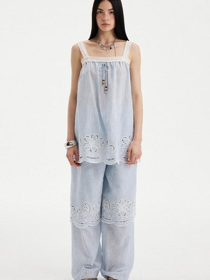 DIDDI MODA Striped Cutout Embroidered Faux Layered Sling Women&