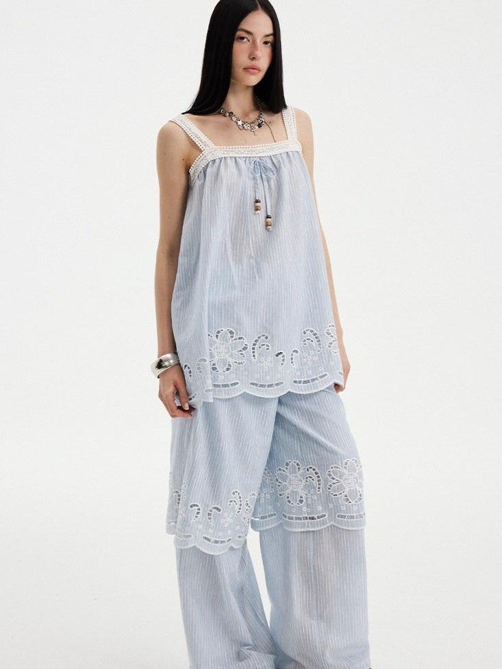 DIDDI MODA Striped Cutout Embroidered Faux Layered Sling Women&