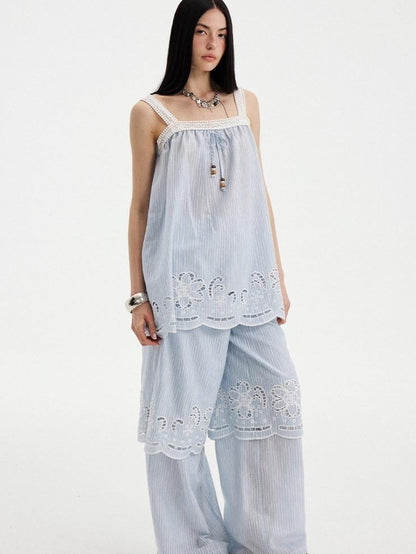 DIDDI MODA Striped Cutout Embroidered Faux Layered Sling Women&