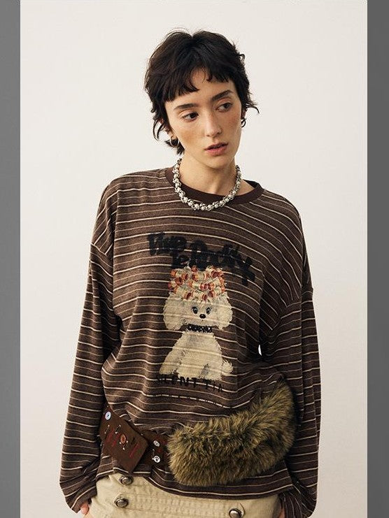 DIDDI MODA Striped Dog Print Colorblock Crewneck Drop Shoulder Women&