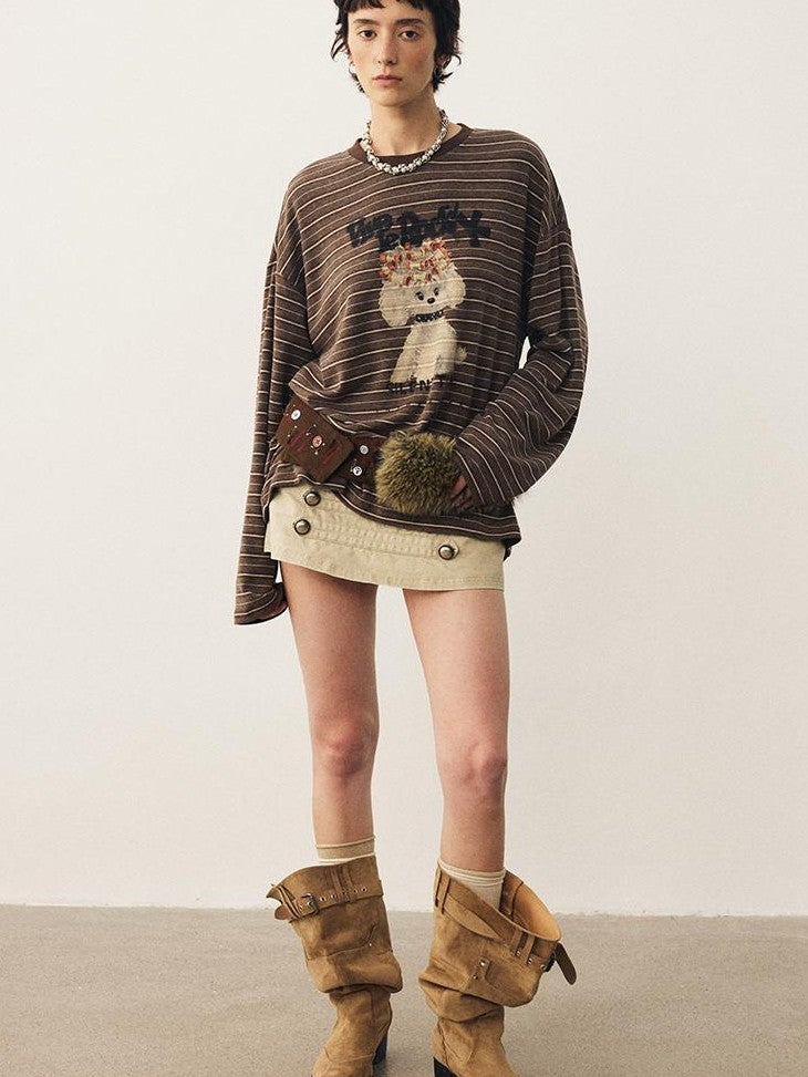 DIDDI MODA Striped Dog Print Colorblock Crewneck Drop Shoulder Women&