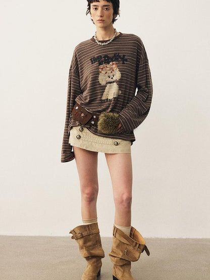 DIDDI MODA Striped Dog Print Colorblock Crewneck Drop Shoulder Women&
