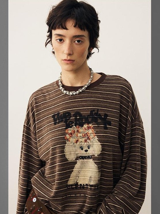 DIDDI MODA Striped Dog Print Colorblock Crewneck Drop Shoulder Women&