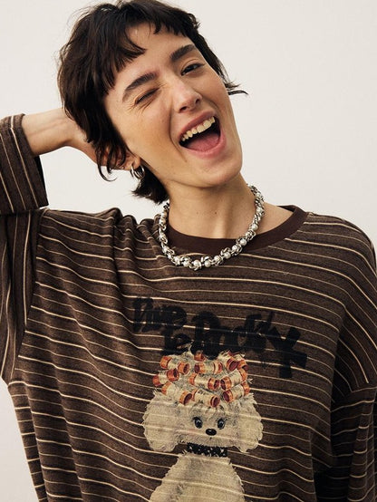 DIDDI MODA Striped Dog Print Colorblock Crewneck Drop Shoulder Women&