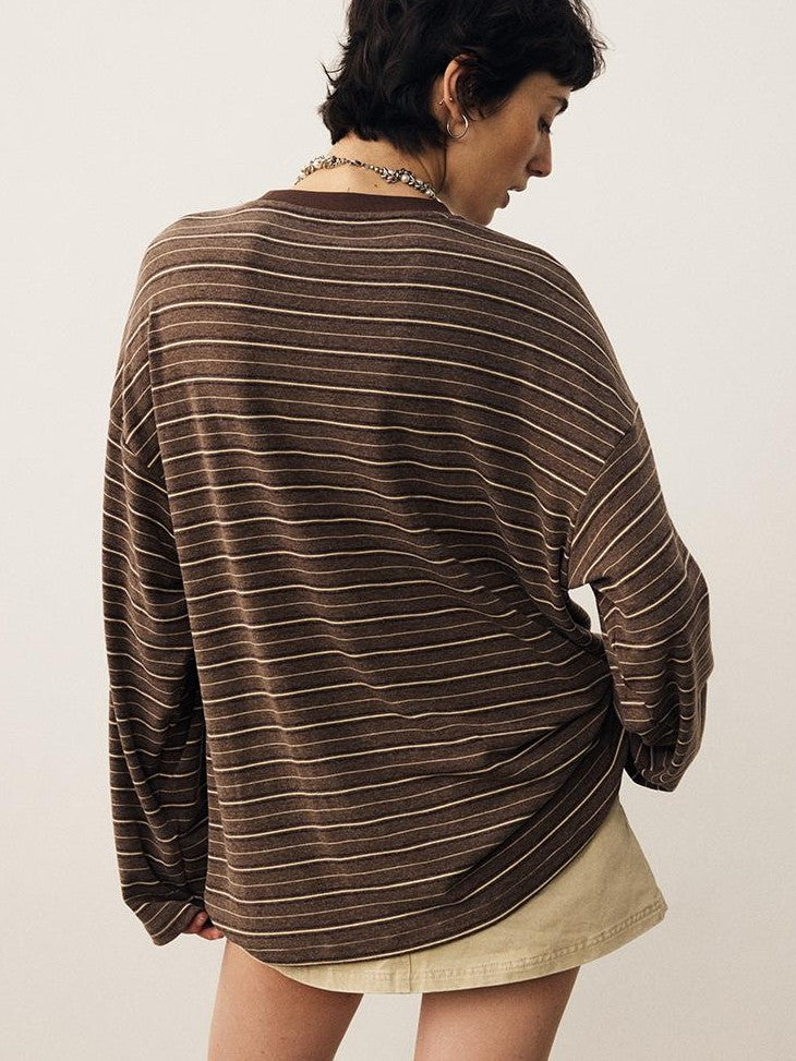 DIDDI MODA Striped Dog Print Colorblock Crewneck Drop Shoulder Women&