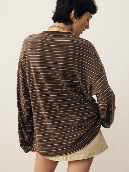DIDDI MODA Striped Dog Print Colorblock Crewneck Drop Shoulder Women&