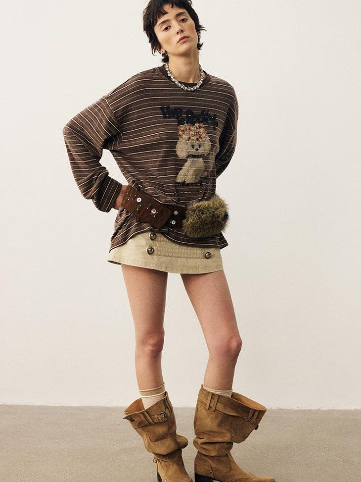 DIDDI MODA Striped Dog Print Colorblock Crewneck Drop Shoulder Women&
