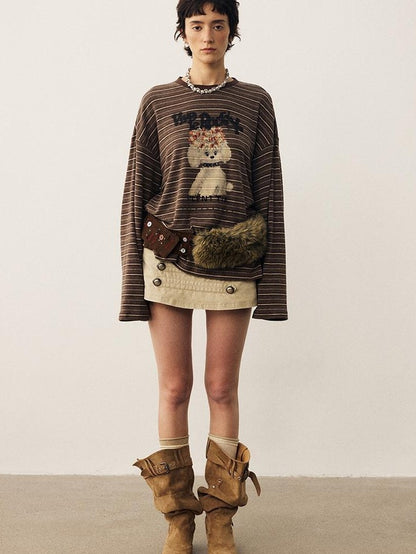 DIDDI MODA Striped Dog Print Colorblock Crewneck Drop Shoulder Women&