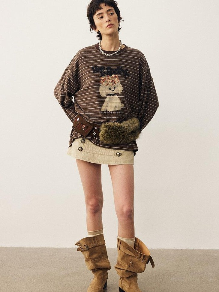 DIDDI MODA Striped Dog Print Colorblock Crewneck Drop Shoulder Women&