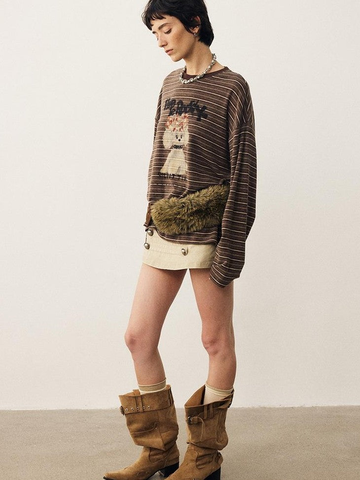 DIDDI MODA Striped Dog Print Colorblock Crewneck Drop Shoulder Women&