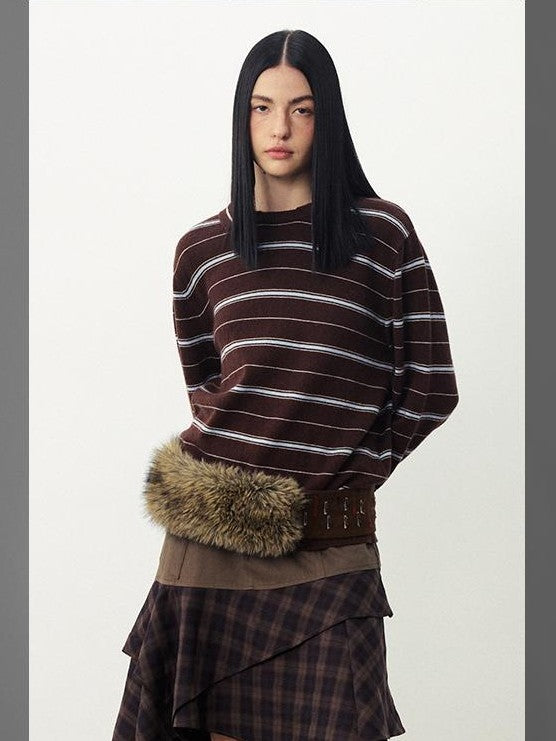 DIDDI MODA Striped Knit Loose Drop Shoulder Pullover Women&