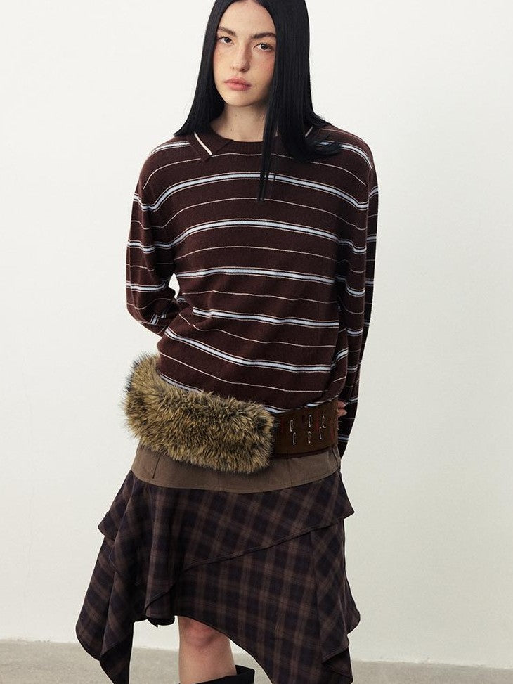 DIDDI MODA Striped Knit Loose Drop Shoulder Pullover Women&