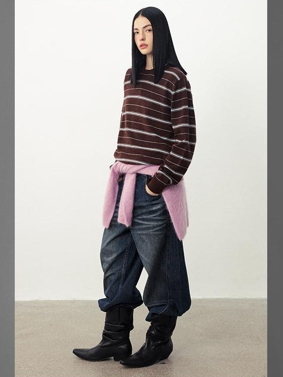 DIDDI MODA Striped Knit Loose Drop Shoulder Pullover Women&