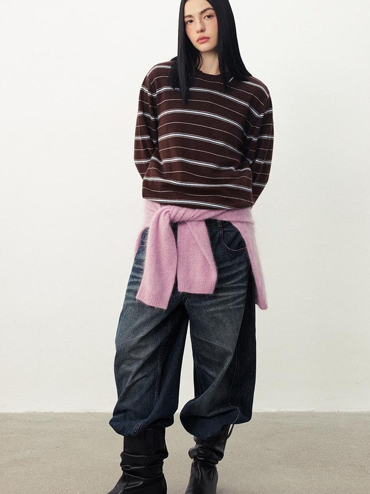 DIDDI MODA Striped Knit Loose Drop Shoulder Pullover Women&