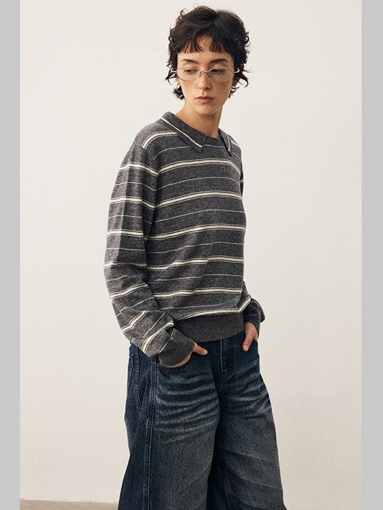 DIDDI MODA Striped Knit Loose Drop Shoulder Pullover Women&
