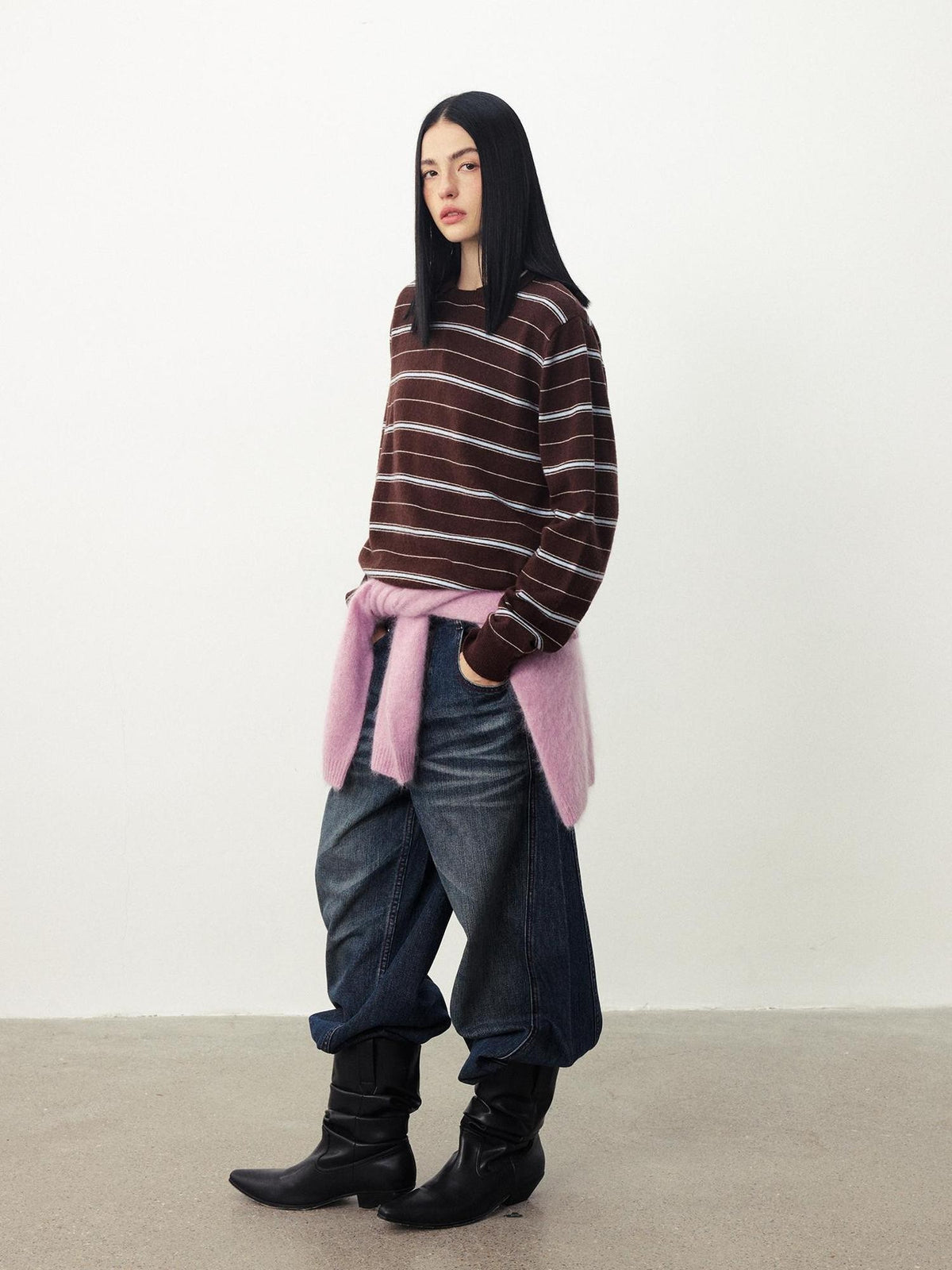 DIDDI MODA Striped Knit Loose Drop Shoulder Pullover Women&