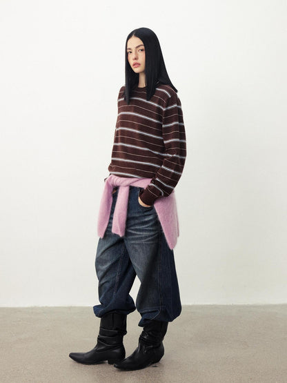 DIDDI MODA Striped Knit Loose Drop Shoulder Pullover Women&