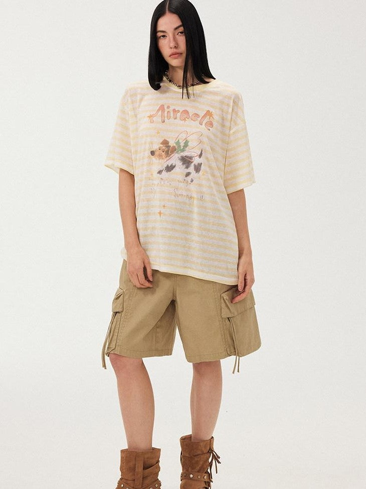 DIDDI MODA Striped Rhinestone Cargo Short Sleeve Women&