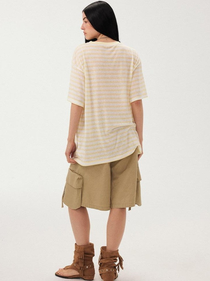 DIDDI MODA Striped Rhinestone Cargo Short Sleeve Women&