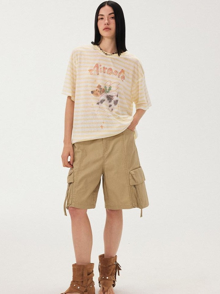 DIDDI MODA Striped Rhinestone Cargo Short Sleeve Women&