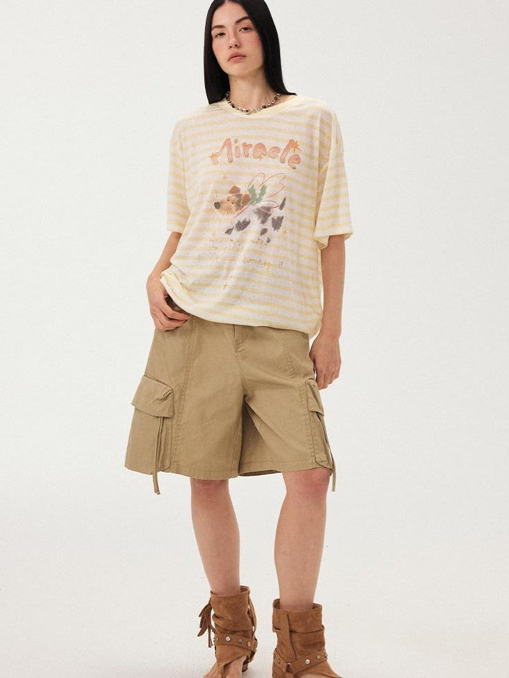 DIDDI MODA Striped Rhinestone Cargo Short Sleeve Women&