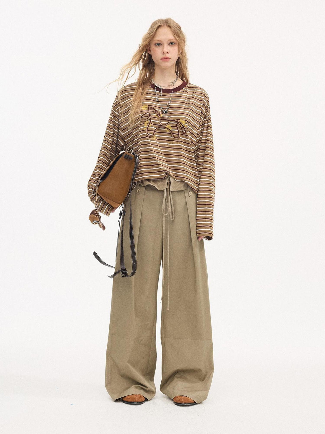 DIDDI MODA Striped Spliced Waistband Natural Waist Women&