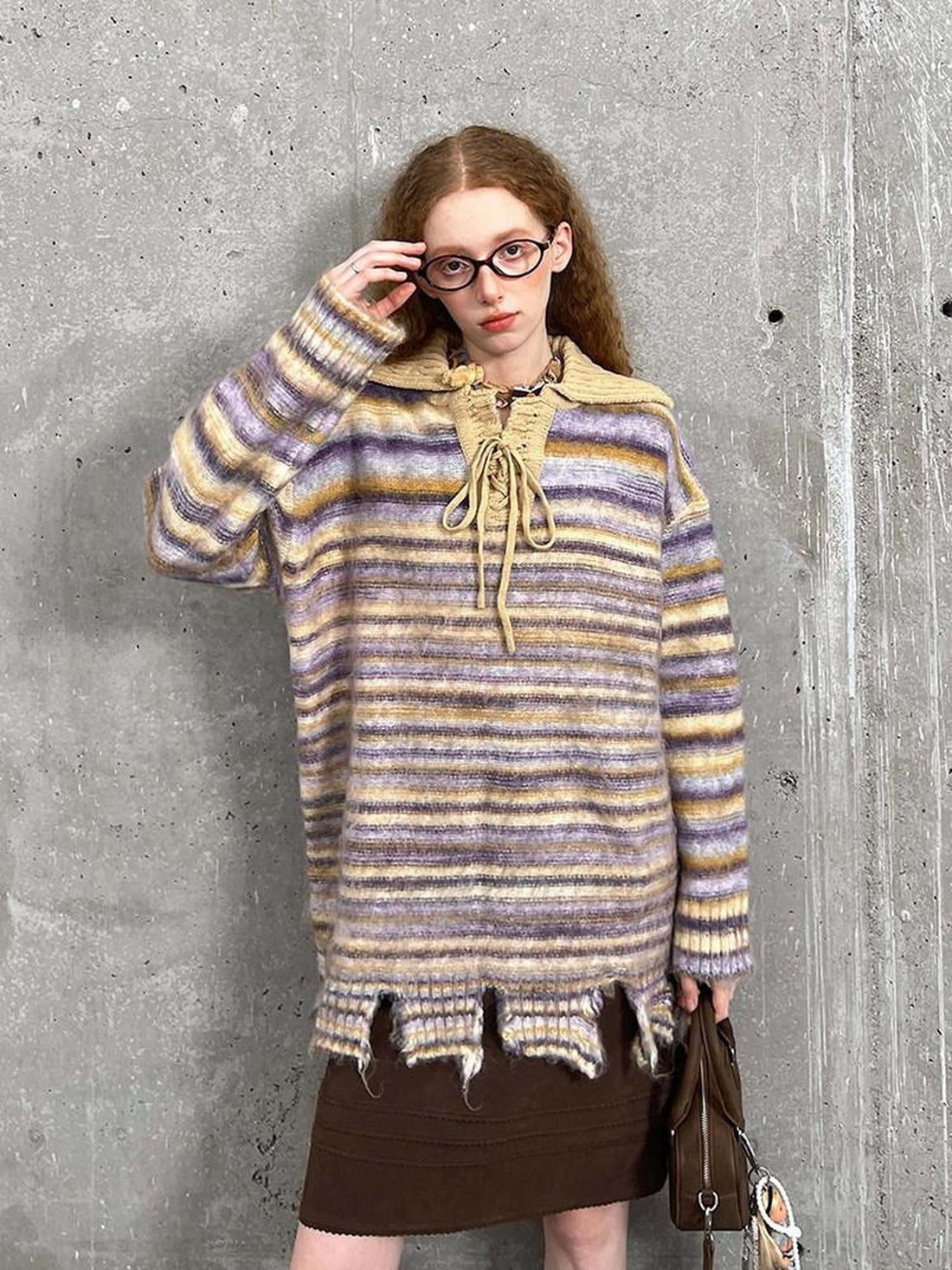 DIDDI MODA Striped Tie Collar Tassel Straight Midlength Women&