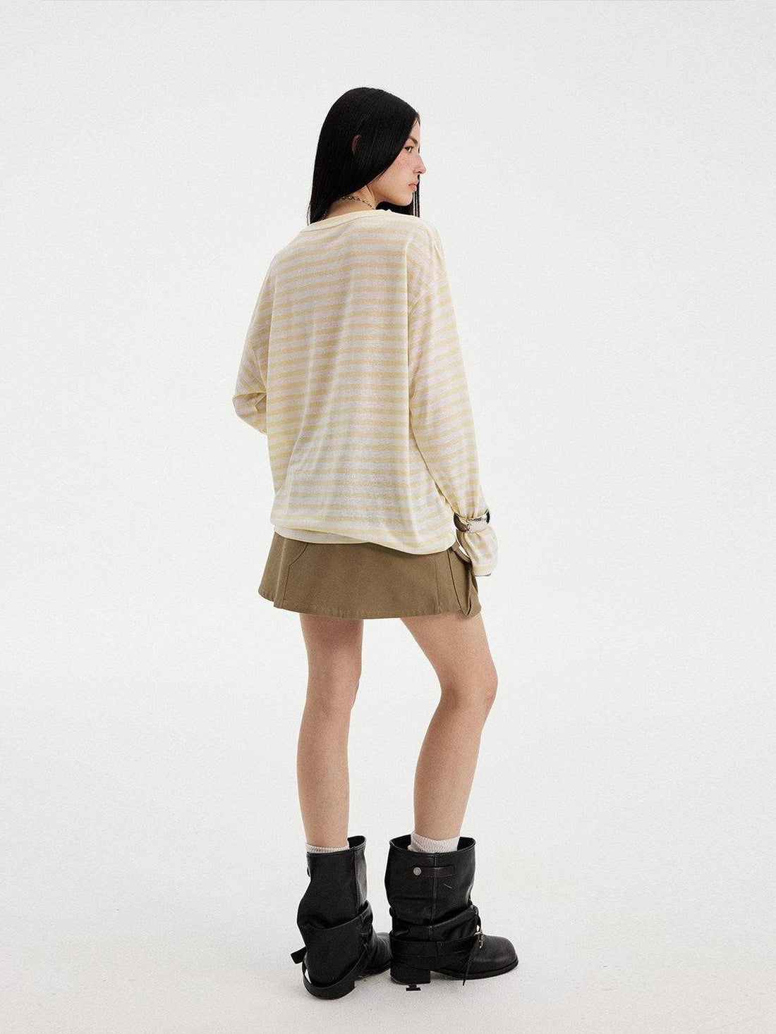 DIDDI MODA Striped V-neck Patchwork Washed Skort Women&