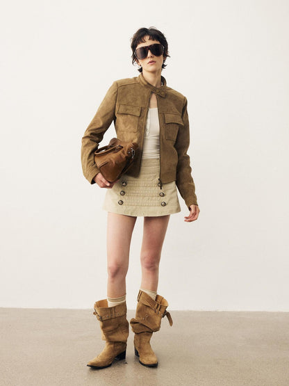 DIDDI MODA Structured Suede Stand Collar Zip Women&