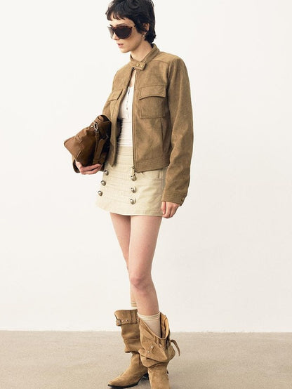 DIDDI MODA Structured Suede Stand Collar Zip Women&