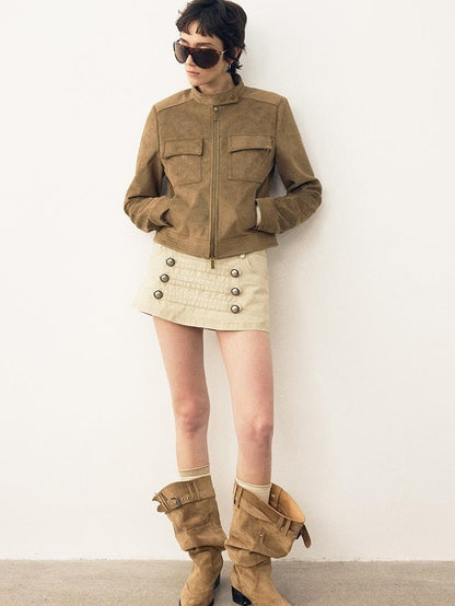 DIDDI MODA Structured Suede Stand Collar Zip Women&