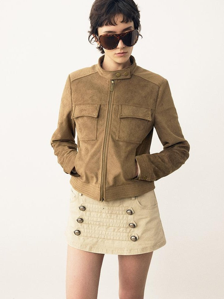 DIDDI MODA Structured Suede Stand Collar Zip Women&