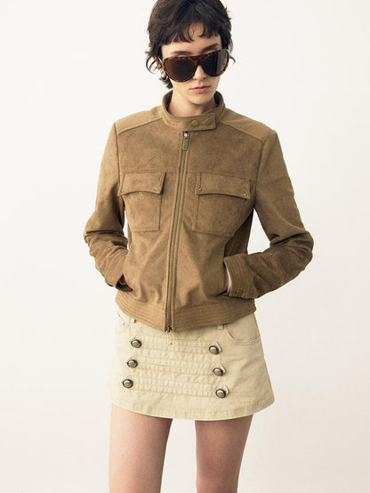 DIDDI MODA Structured Suede Stand Collar Zip Women&