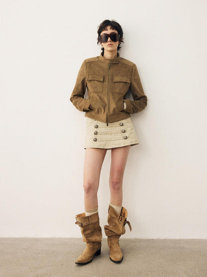 DIDDI MODA Structured Suede Stand Collar Zip Women&