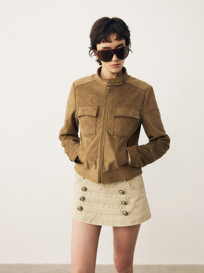 DIDDI MODA Structured Suede Stand Collar Zip Women&