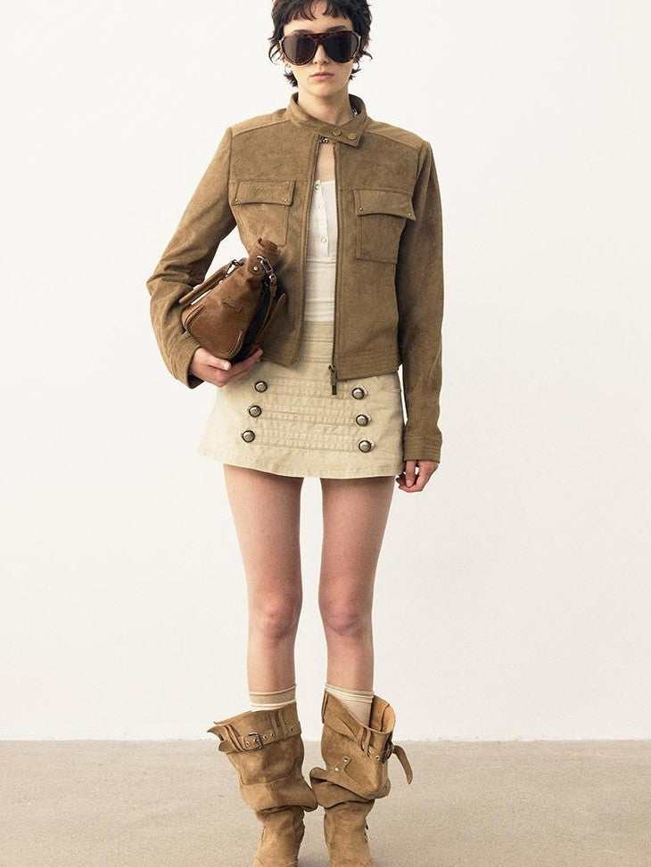 DIDDI MODA Structured Suede Stand Collar Zip Women&
