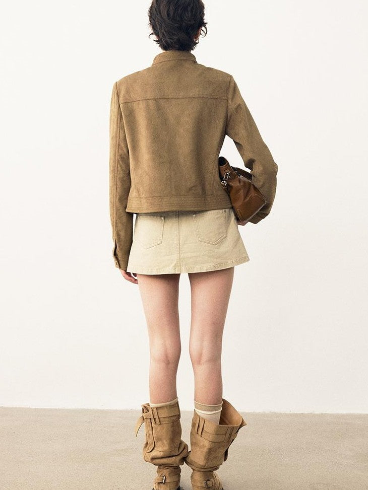 DIDDI MODA Structured Suede Stand Collar Zip Women&