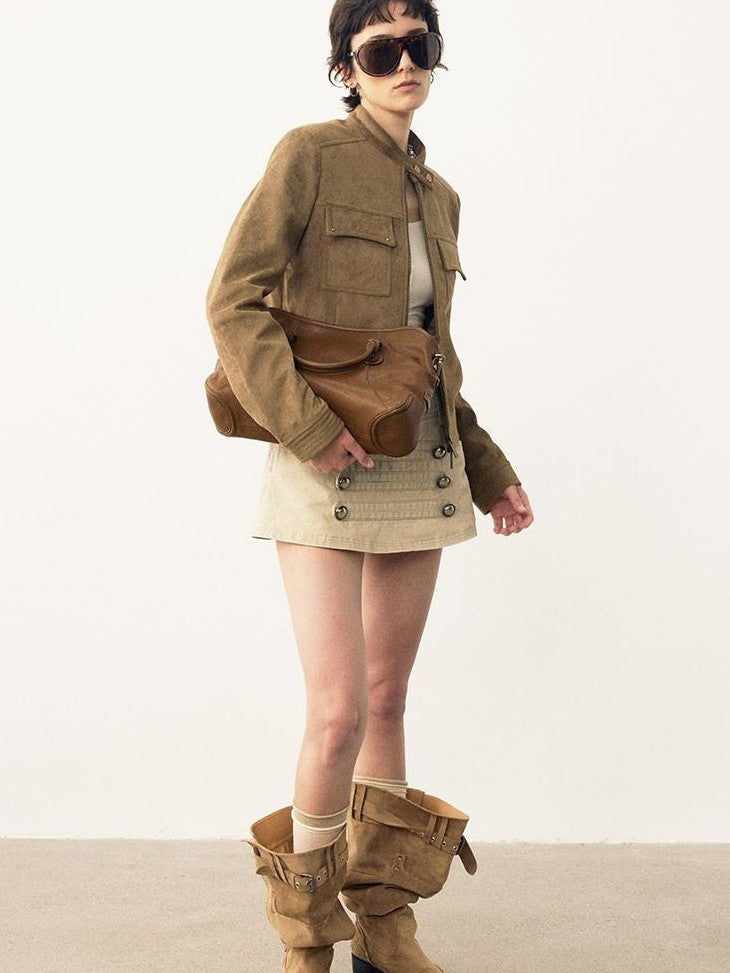 DIDDI MODA Structured Suede Stand Collar Zip Women&